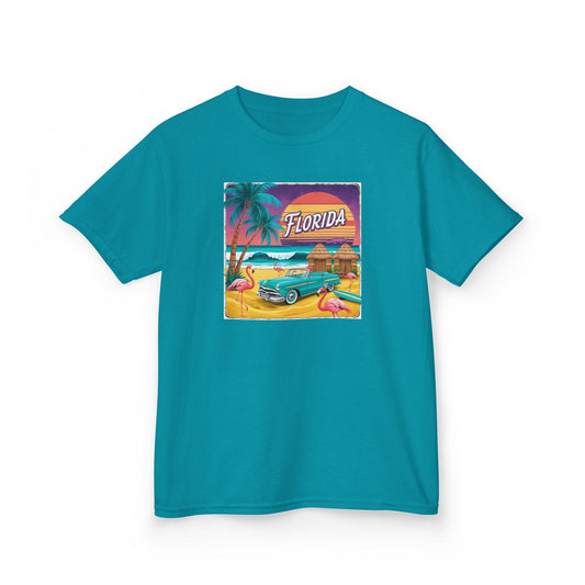 Florida Vintage Kids Tee - Tropical Palm Tree & Flamingo Design