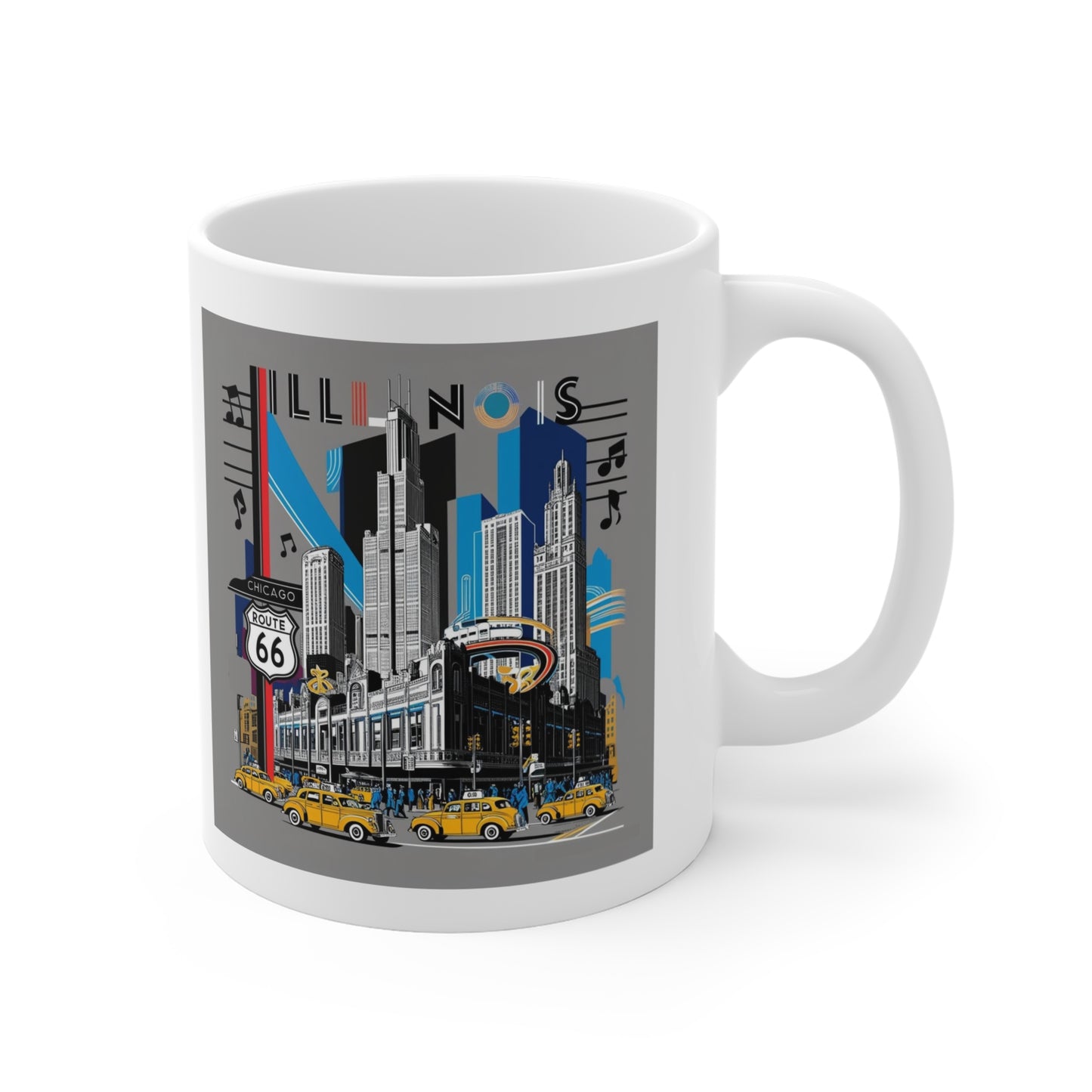 Vintage Route 66 Cityscape Mug – 11oz Retro Travel Illinois Coffee Cup