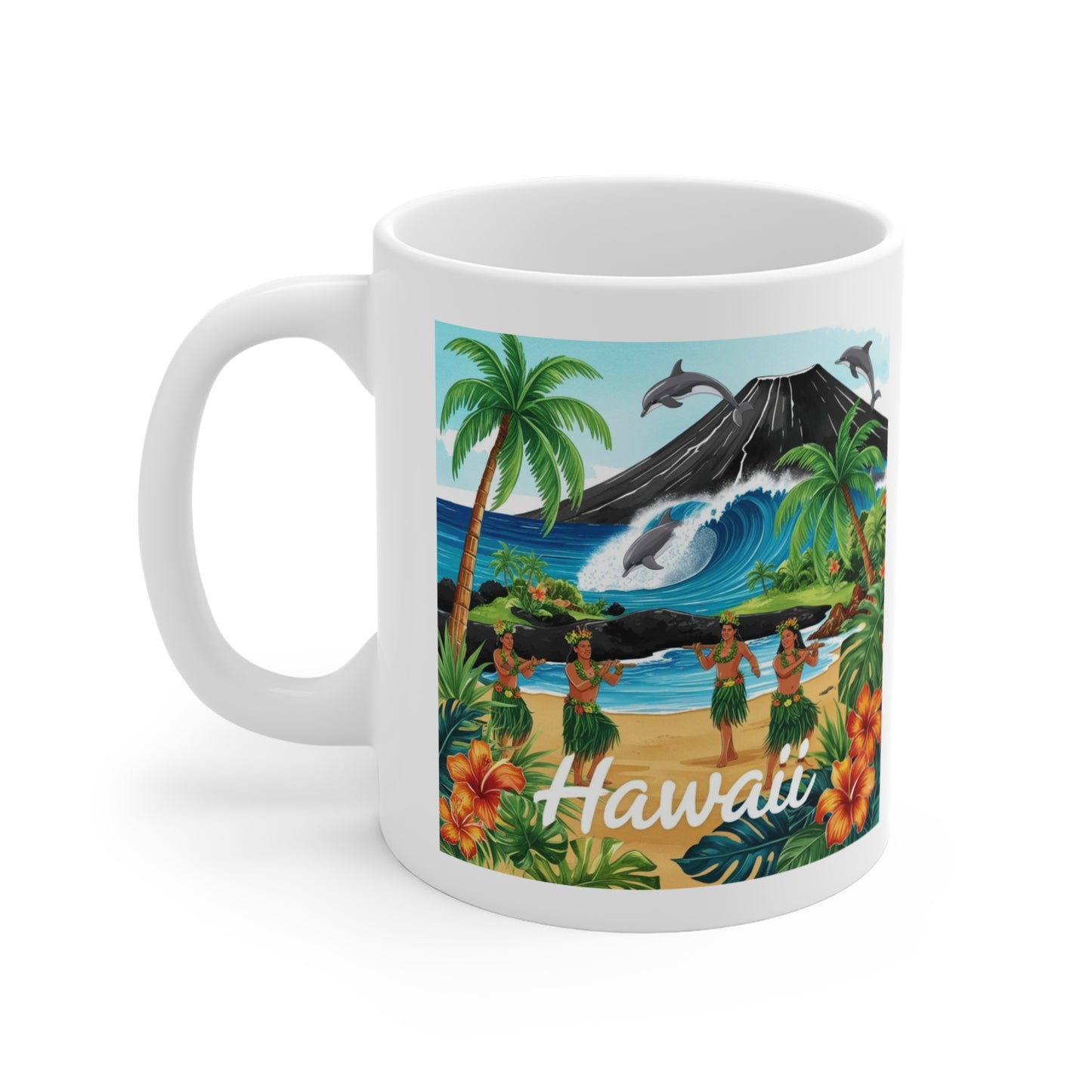 Hawaiian Paradise Coffee Mug - 11oz Tropical Design with Hula Dancers & Surf Waves