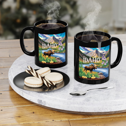 Scenic Idaho Coffee Mug - 11oz Black Mug with Mountain and Moose Design