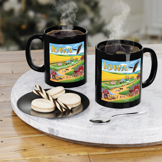 Iowa Scenic Black Coffee Mug - 11oz Farm & Festival Design
