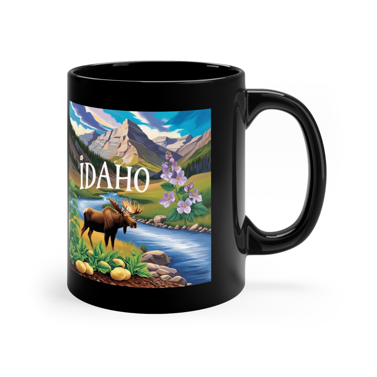 Scenic Idaho Coffee Mug - 11oz Black Mug with Mountain and Moose Design