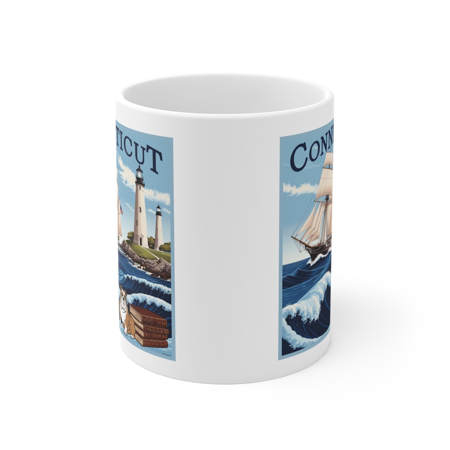 Connecticut Coastline Mug 11oz - Nautical Design with Lighthouse and Bulldog