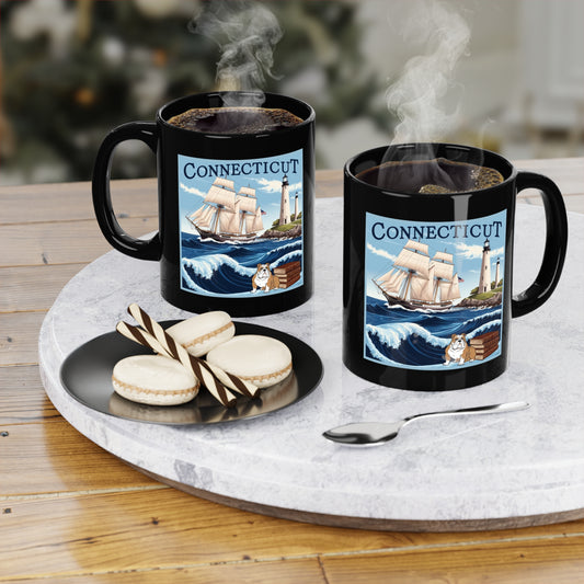 Connecticut Coastal Scenes Coffee Mug - 11oz Black with Lighthouse & Sailboat Design