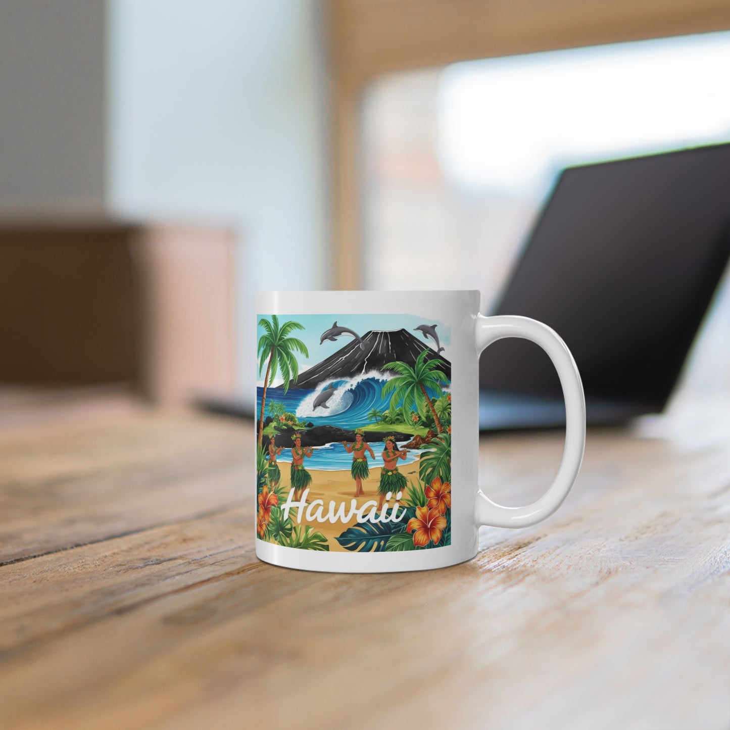 Hawaiian Paradise Coffee Mug - 11oz Tropical Design with Hula Dancers & Surf Waves