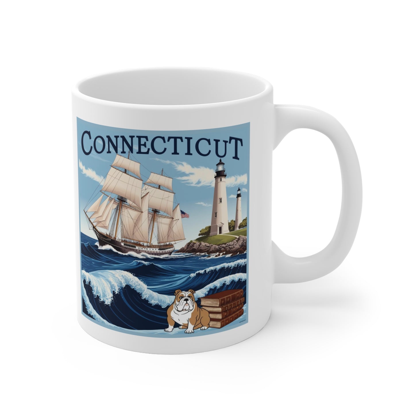 Connecticut Coastline Mug 11oz - Nautical Design with Lighthouse and Bulldog