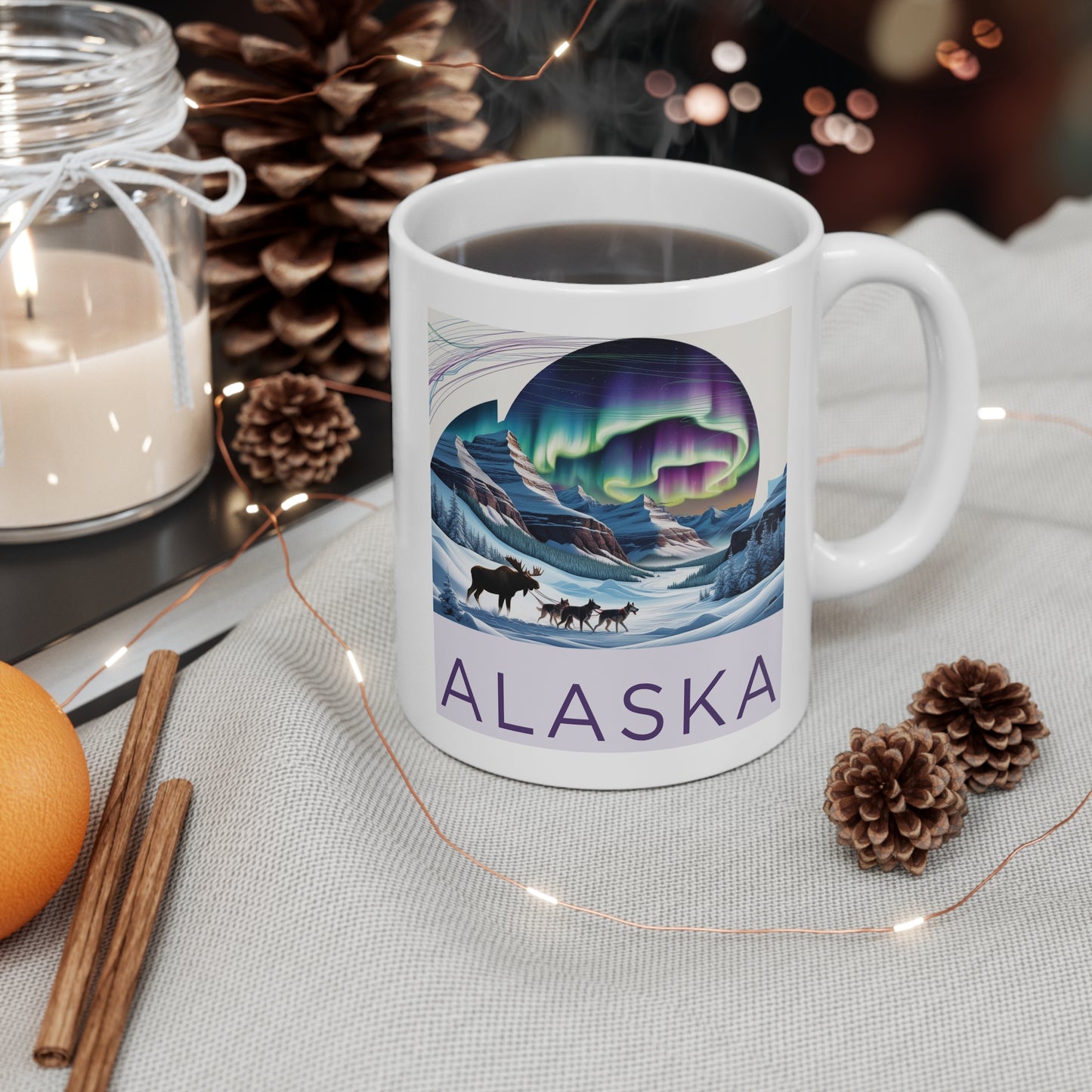 Alaska Aurora Landscape Mug – 11oz Coffee Cup Featuring Northern Lights & Wildlife