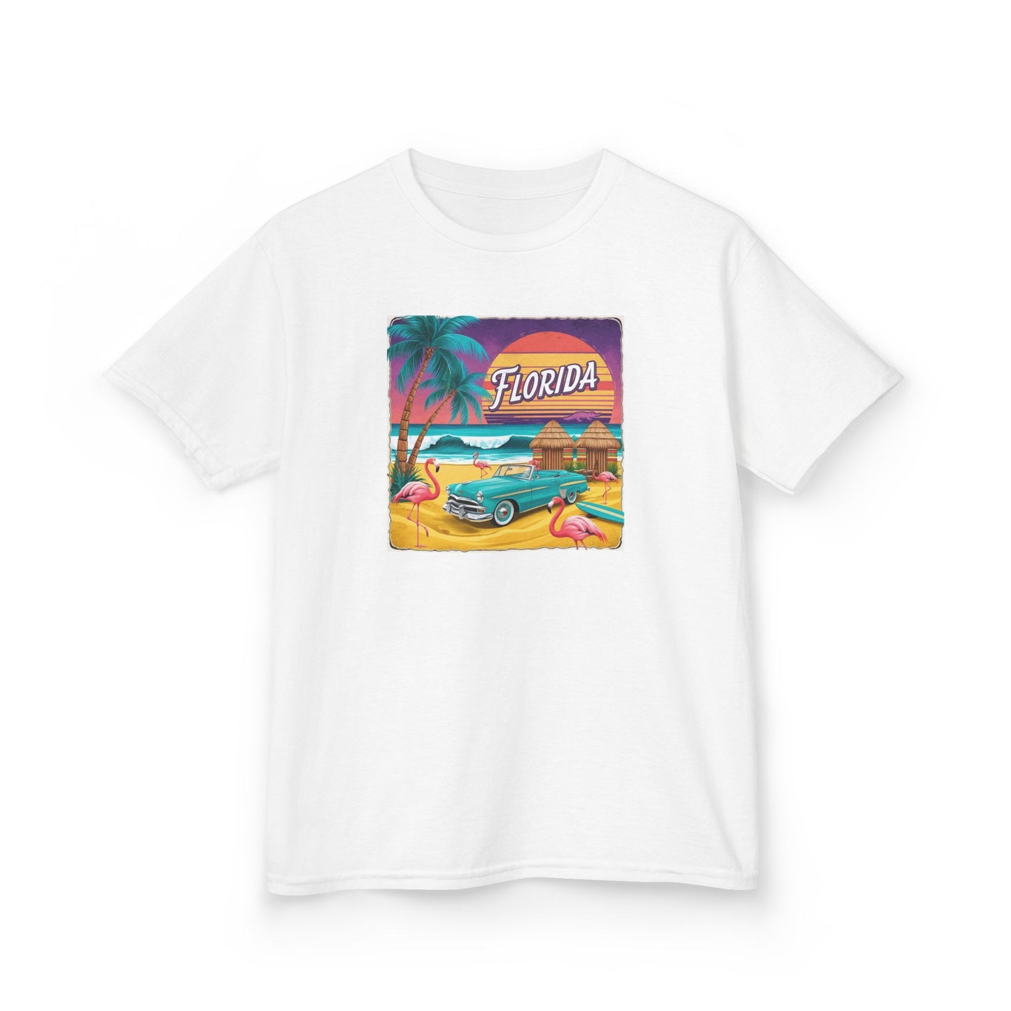 Florida Vintage Kids Tee - Tropical Palm Tree & Flamingo Design