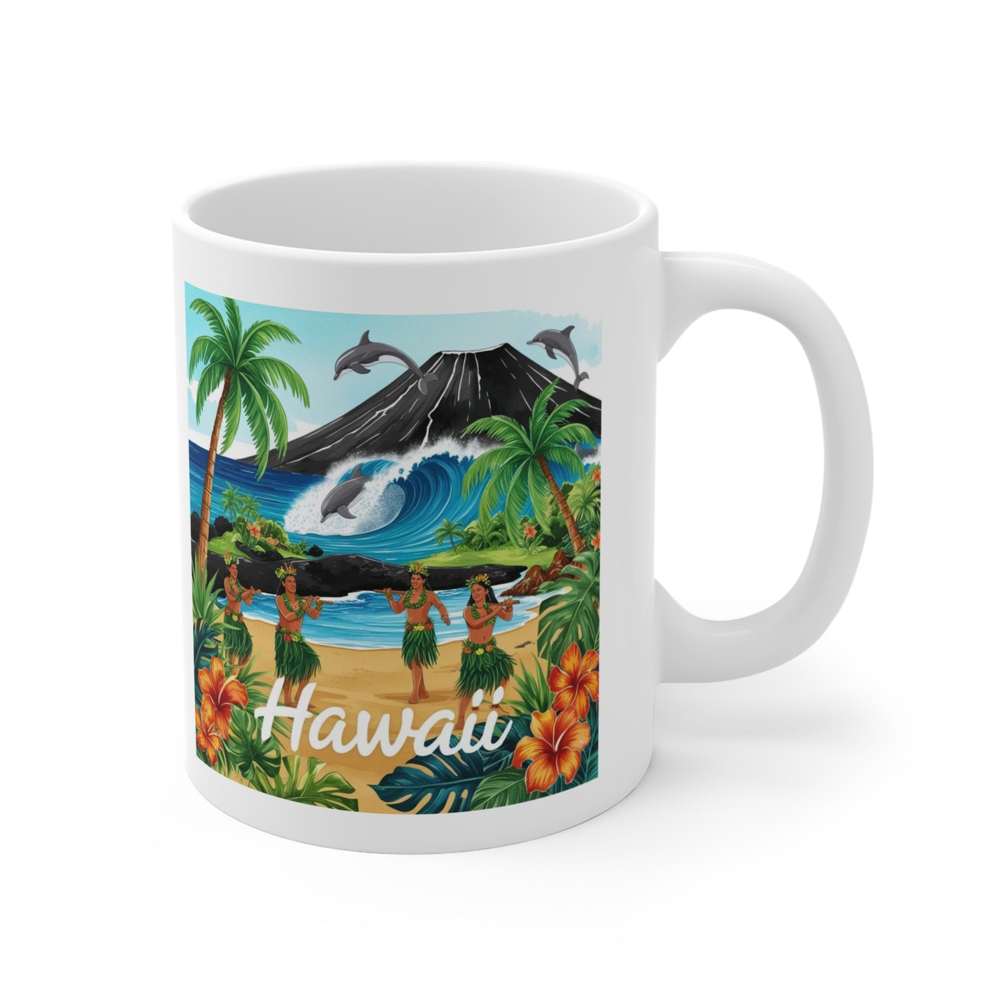 Hawaiian Paradise Coffee Mug - 11oz Tropical Design with Hula Dancers & Surf Waves