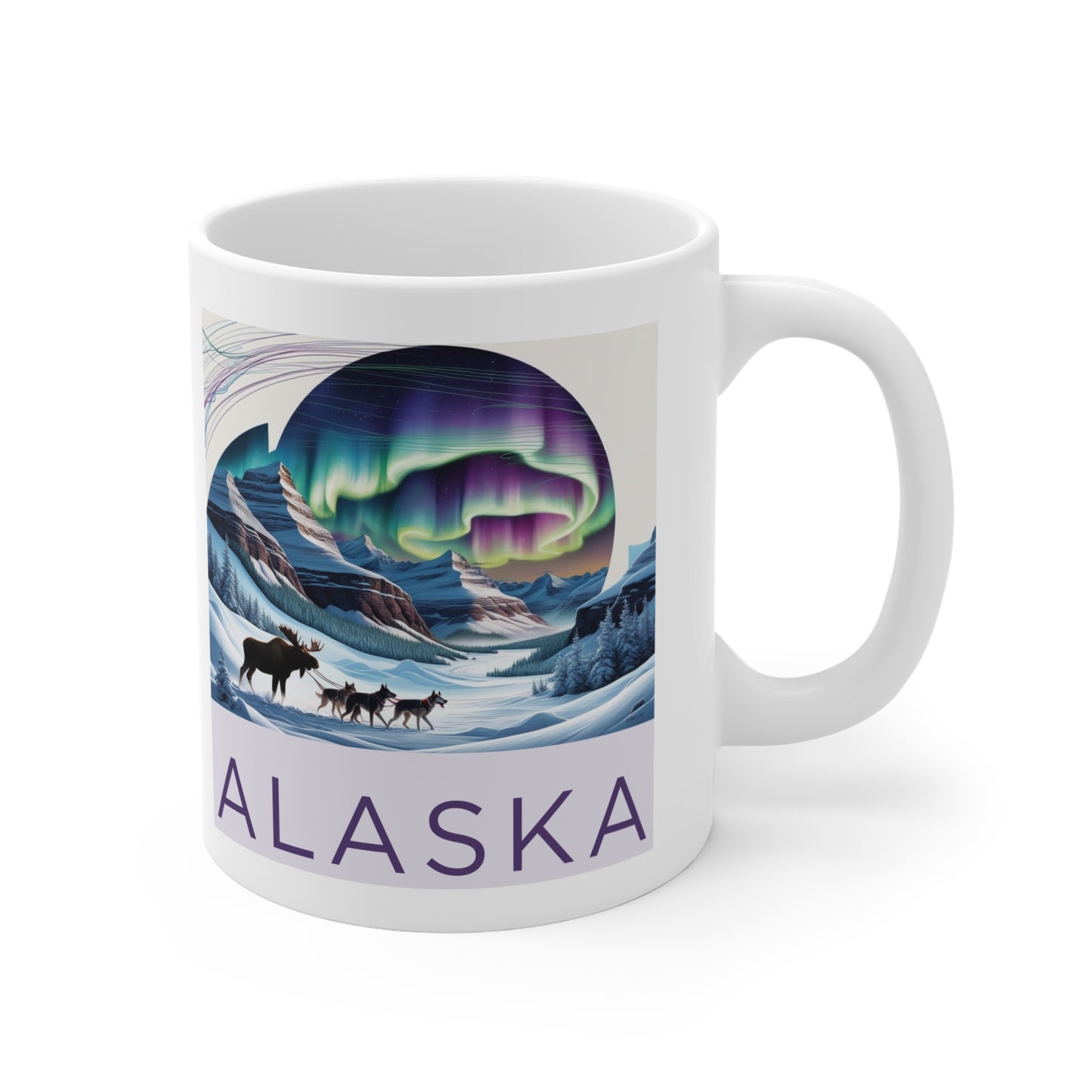 Alaska Aurora Landscape Mug – 11oz Coffee Cup Featuring Northern Lights & Wildlife