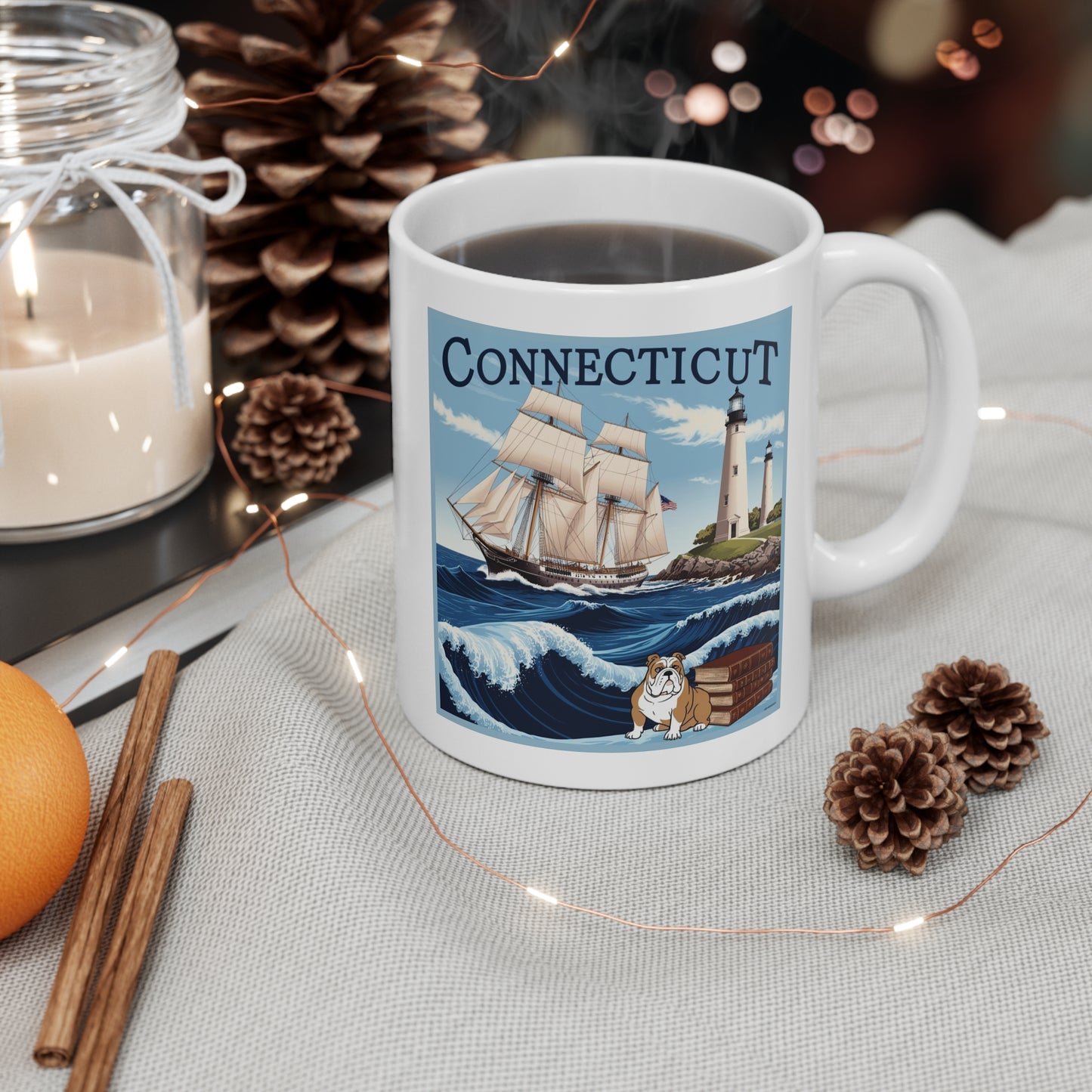 Connecticut Coastline Mug 11oz - Nautical Design with Lighthouse and Bulldog